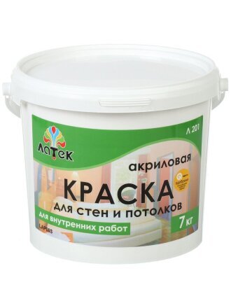 Краска водно-дисперсионная, Оптимист, Латек Л201, акриловая, для стен и потолков, матовая, 7 кг