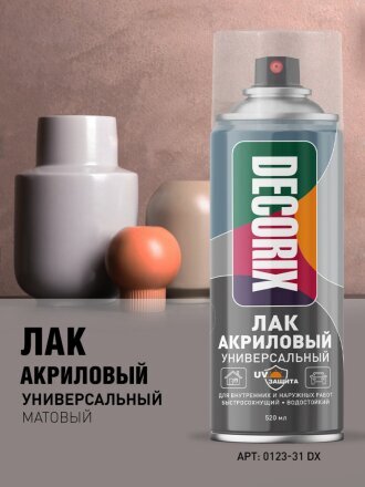 Лак аэрозольный, Decorix, 0107-31 DX, матовый, полиакриловый, для внутренних и наружных работ, 0.52 л
