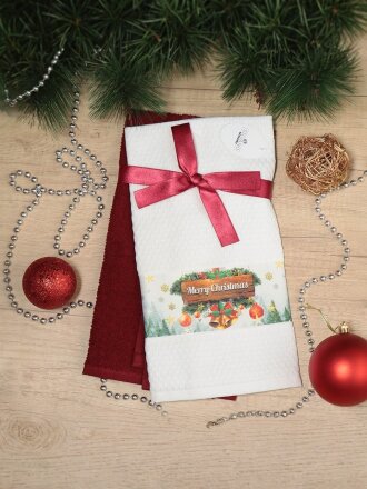 Набор полотенец кухонных 2 шт, 40х60 см, махровый и вафельный, 100% хлопок, Silvano, Фотопечать С Рождеством, Турция, D17-9