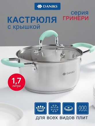 Кастрюля нержавеющая сталь, 1.7 л, крышка стекло, силиконовые ручки мятные, Daniks, Гринери, SD-23-16, индукция