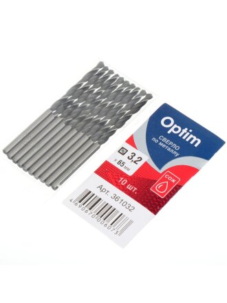 Сверло по металлу, 10 шт, Optim, диаметр 3.2х65 мм, цилиндрический хвостовик, 361032