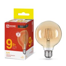 Лампа светодиодная E27, 9 Вт, 90 Вт, 230 В, шар, нитевидная, 3000 К, свет теплый белый, In Home, LED-GL-95-deco gold, золотистая