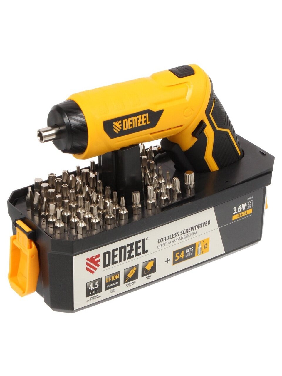 Отвертка аккумуляторная, Denzel, CSH-3.6, 3.6 В, 1.5 А.ч, Li-ion, 4 Н-м, 250 об/мин, 1 скорость, кейс, 26004
