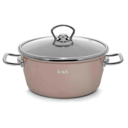Кастрюля эмалированная сталь, 3.5 л, крышка стекло, ручки хром, RasheL, R2022, кремово-розовая, индукция
