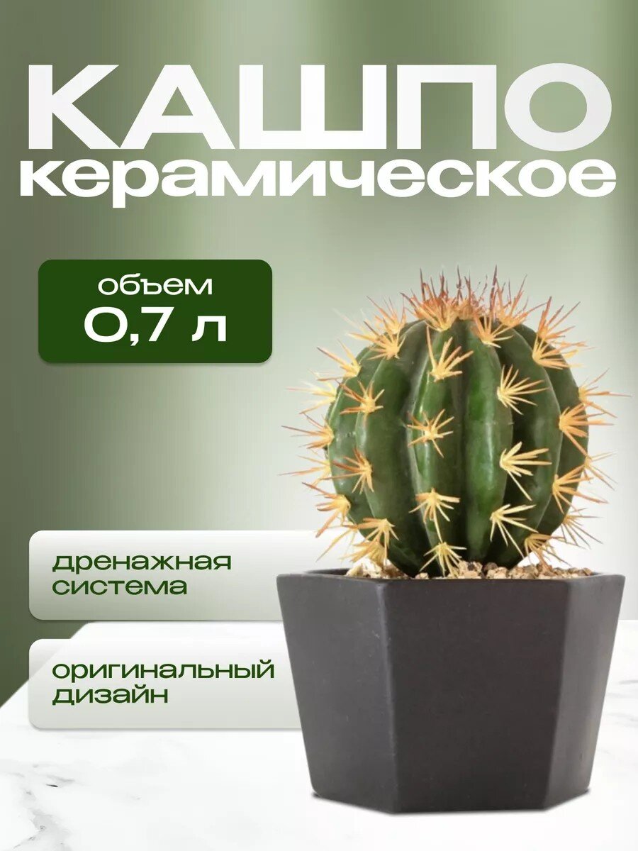 Кашпо керамика, 0.7 л, 12х8.5 см, шестигранник, черное, Эджес №2, 049720