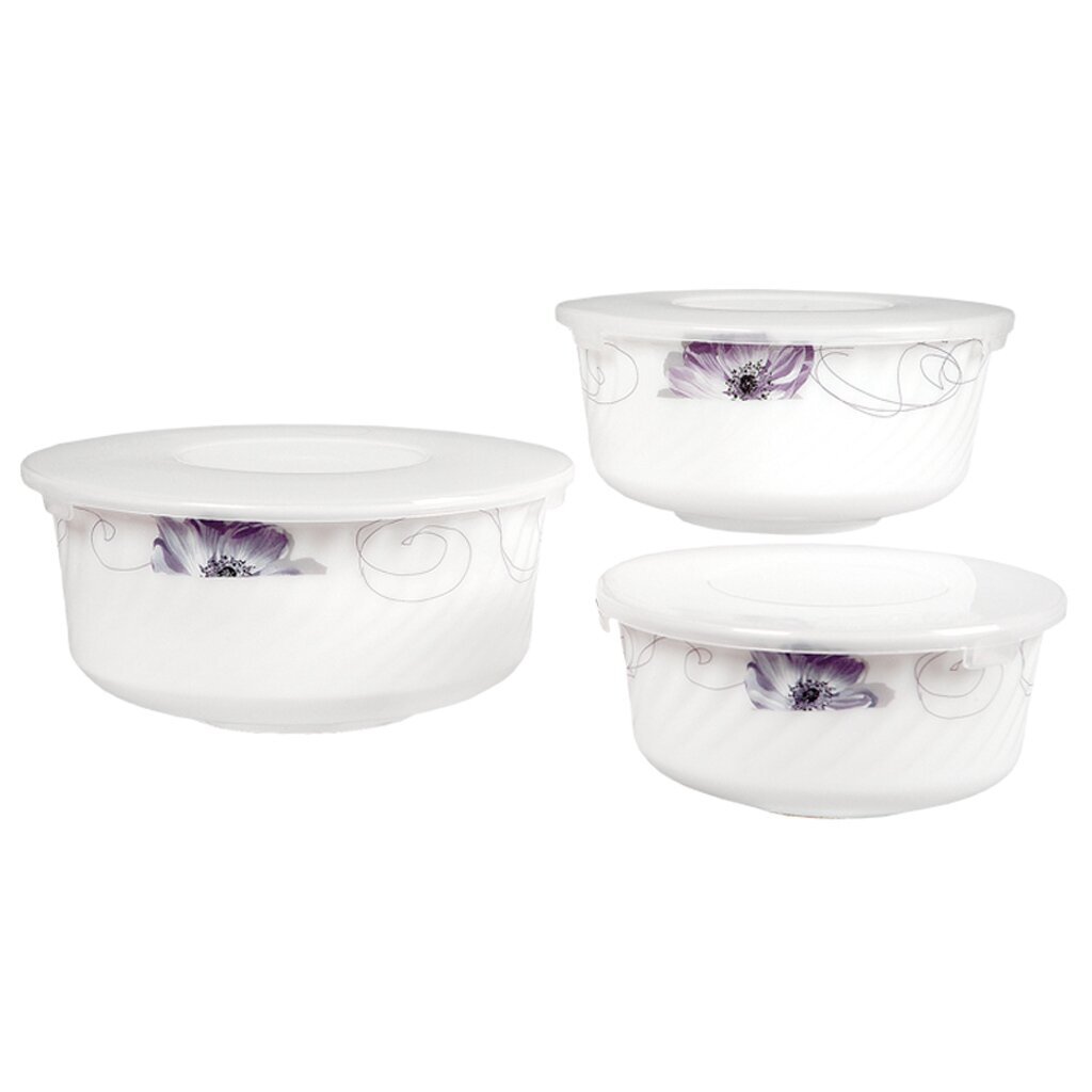 Салатник стеклокерамика, круглый, 3 шт, 0.6, 1.1, 1.6 л, с крышкой, Шиповник, 882530 HDW-3B