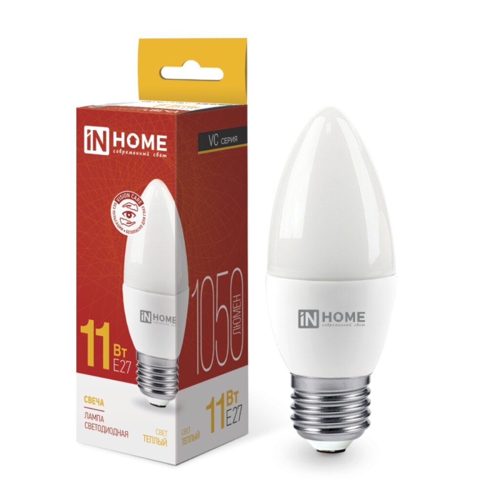 Лампа светодиодная E27, 11 Вт, 100 Вт, 230 В, свеча, 3000 К, свет теплый белый, In Home, LED-СВЕЧА-VC