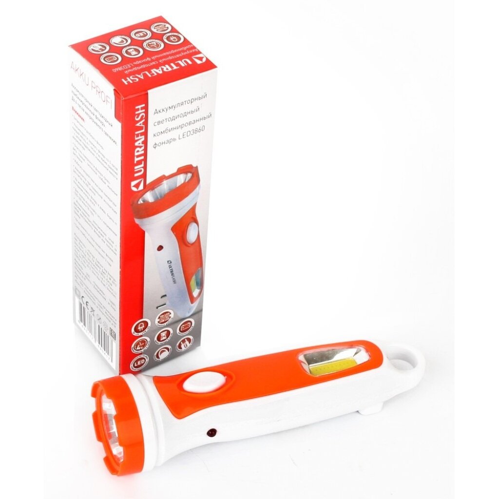 Фонарь ручной, встроенный аккумулятор, Ultraflash, 3 860, зарядка от сети 220 В, пластик, бело-оранжевый, 14249