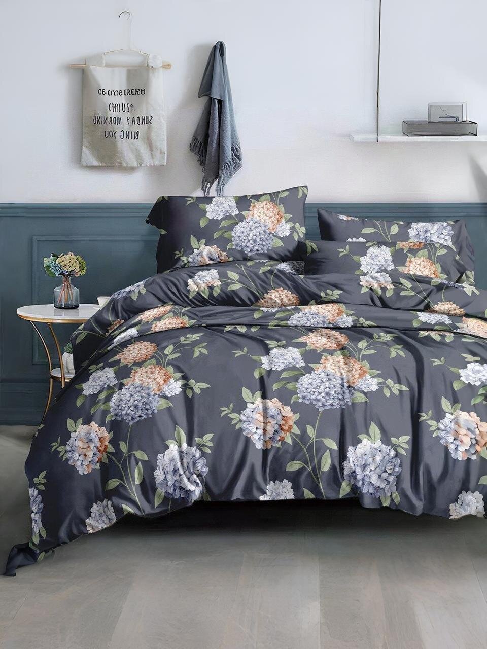 Постельное белье 2-спальное, простыня 200х220 см, 2 наволочки 70х70 см, пододеяльник 175х215 см, Майская ночь, полисатин, Цветы, серый 20/285-AC/MA