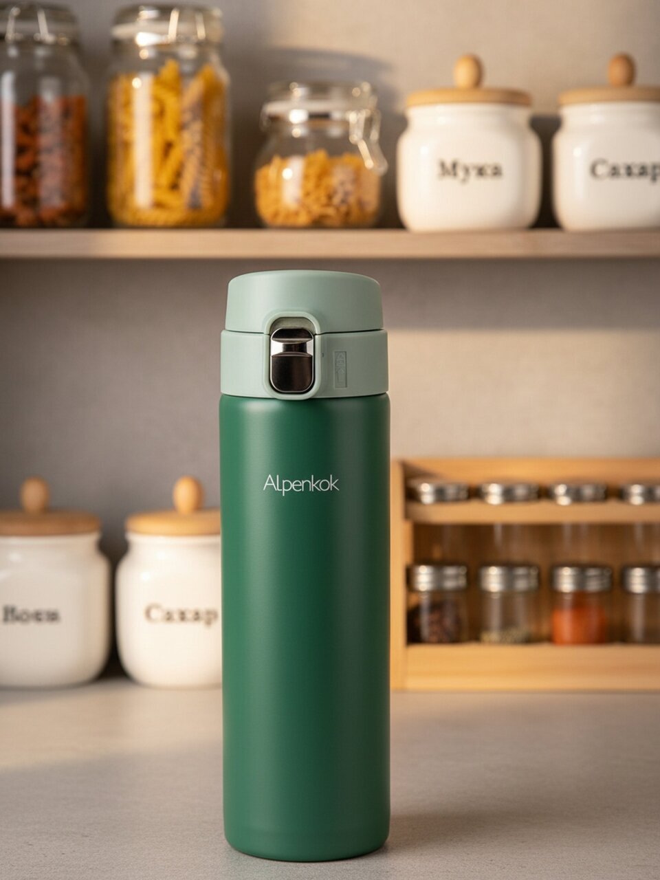 Термокружка нержавеющая сталь, 0.48 л, Alpenkok, колба нержавеющая сталь, с ситечком, вакуумная, зеленая, AK-04827A