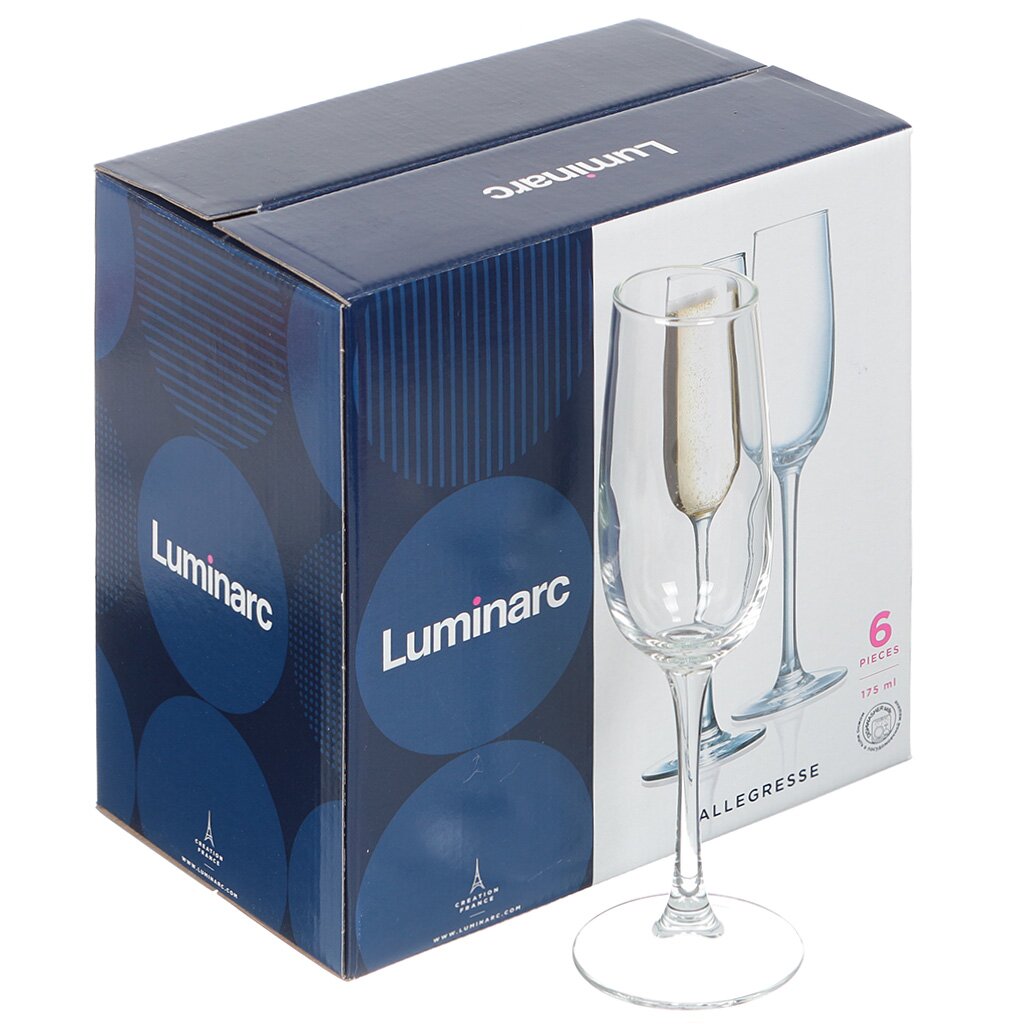 Бокал для шампанского, 175 мл, стекло, 6 шт, Luminarc, Allegresse, J8162 блюдо для подачи luminarc френдс тайм кускус p6281 21см