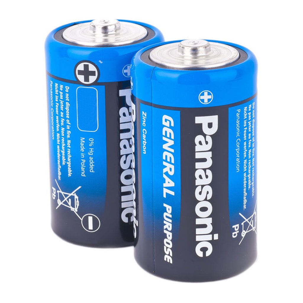 Батарейка Panasonic, D (R20), Zinc-carbon General Purpose, солевая, 1.5 В, спайка, 2 шт батарейка panasonic 9v 6lr61 6f22 zinc carbon солевая 9 в блистер