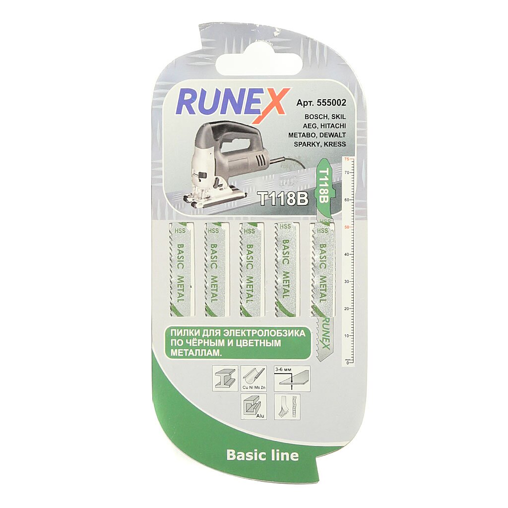 Набор пилок для электролобзика, Runex, T118B, по металлу цветному, стали, 5 шт, 3-6 мм, 555002 набор пилок для электролобзика runex t101br по дереву дсп двп мдф пластику 5 шт чистый рез 4 30 мм 555114