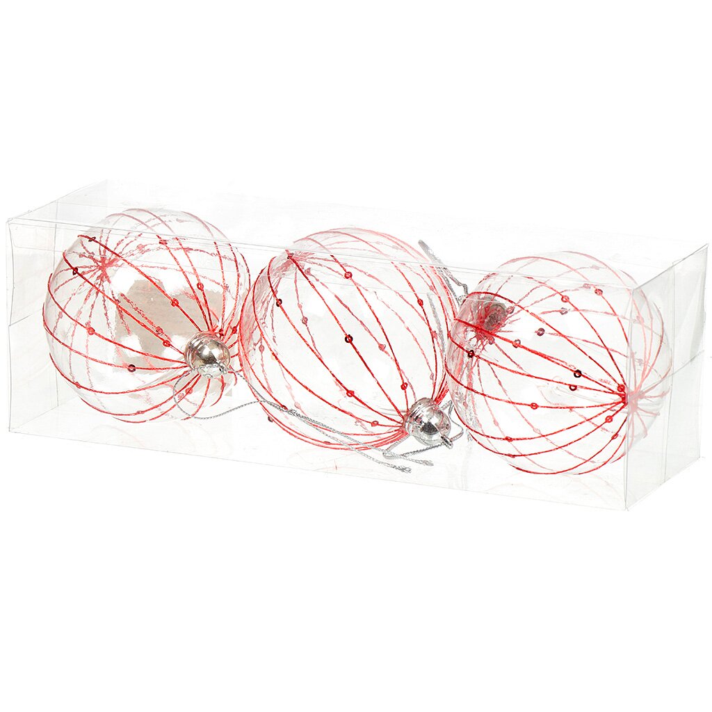 Елочный шар Нитки, 3 шт, прозрачный, красный, 8 см, пластик, SY18CBC-144