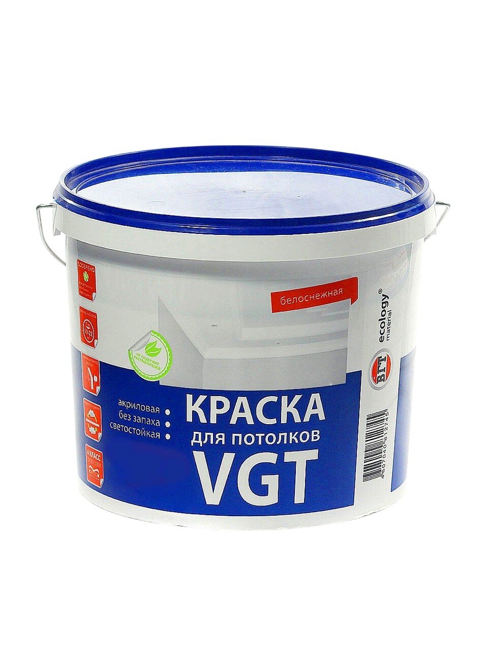 Краска водно-дисперсионная, VGT, акриловая, для потолков, матовая, белоснежная, 15 кг