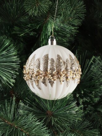 Елочный шар 3 шт, белый с золотом, 8 см, пластик, SYQC- 0124148