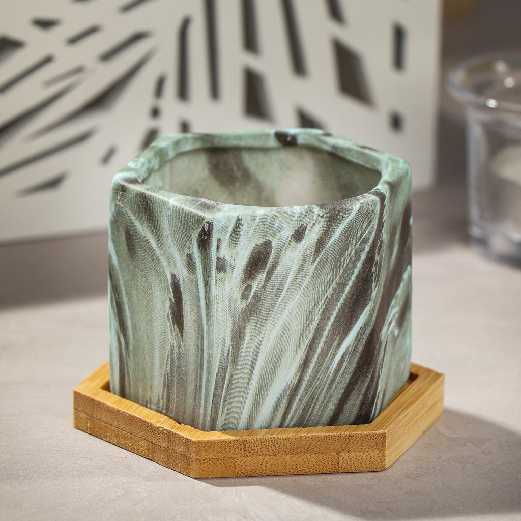 Кашпо керамика, 0.12 л, 7х5.6 см, с деревянной подставкой, Мрамор, Y4-5085