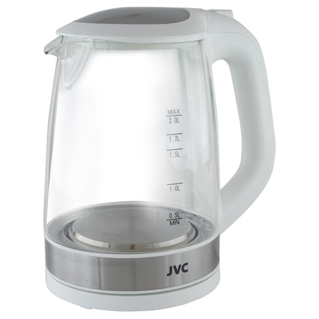Чайник электрический JVC, JK-KE2005, белый, 2 л, 2200 Вт, скрытый нагревательный элемент, стекло удлинитель 4 розетки 7 м 10 а 2200 вт пвс 2х0 75 мм2 без з к белый