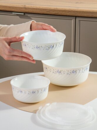 Салатник стеклокерамика, круглый, 3 шт, 9 см, 19, 16, 14 см, 0.5, 0.8, 1.4 л, с крышкой, Эдем, Daniks, W-3X1059/245501