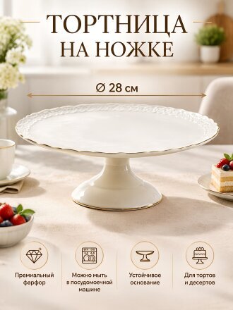 Тортница фарфор, 28 см, круглая, на ножке, Jewel, Кружево, ПС0010-14