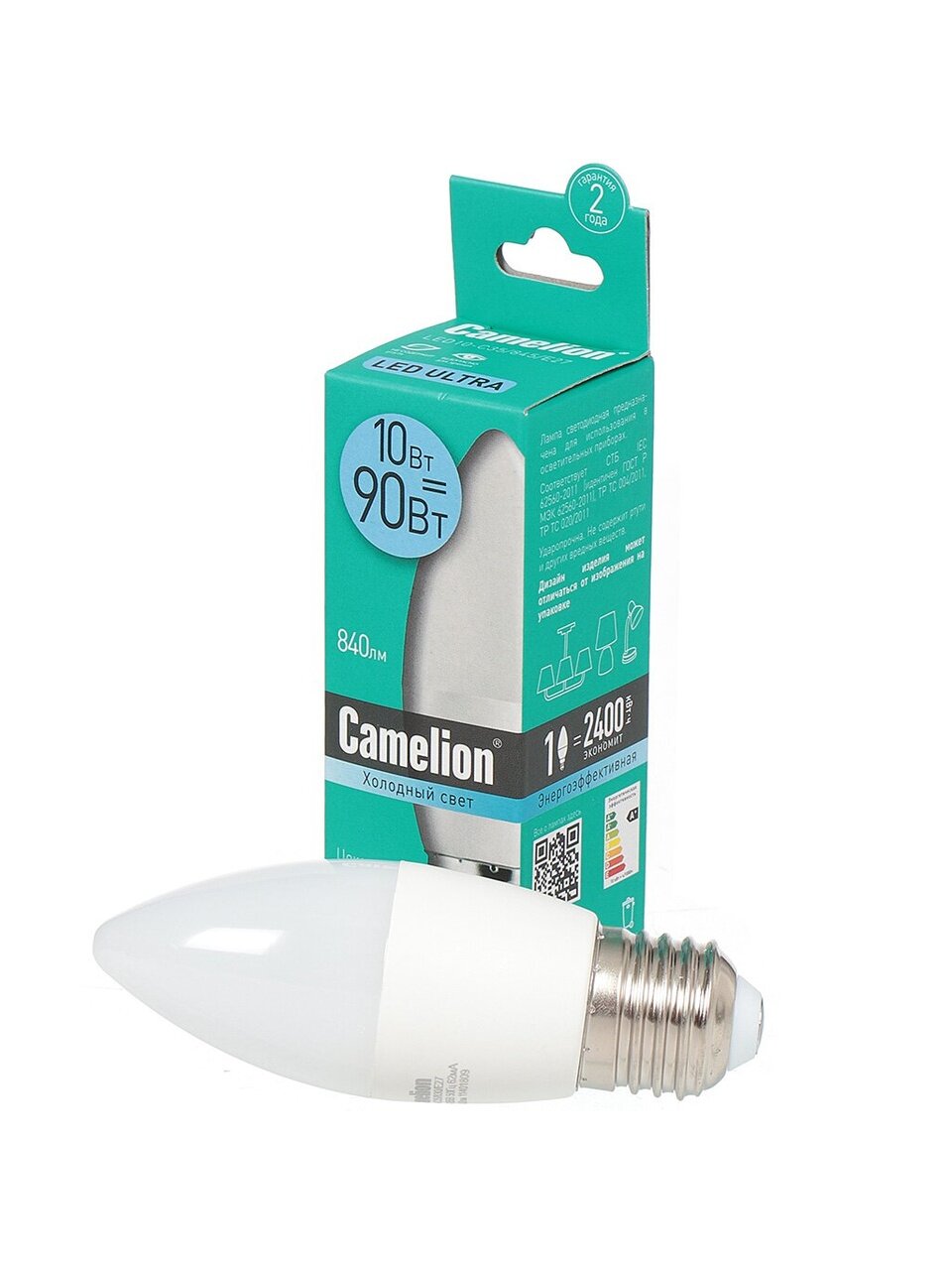 Лампа светодиодная E27, 10 Вт, 90 Вт, 220 В, свеча, 4500 К, нейтральный белый свет, Camelion, 13562