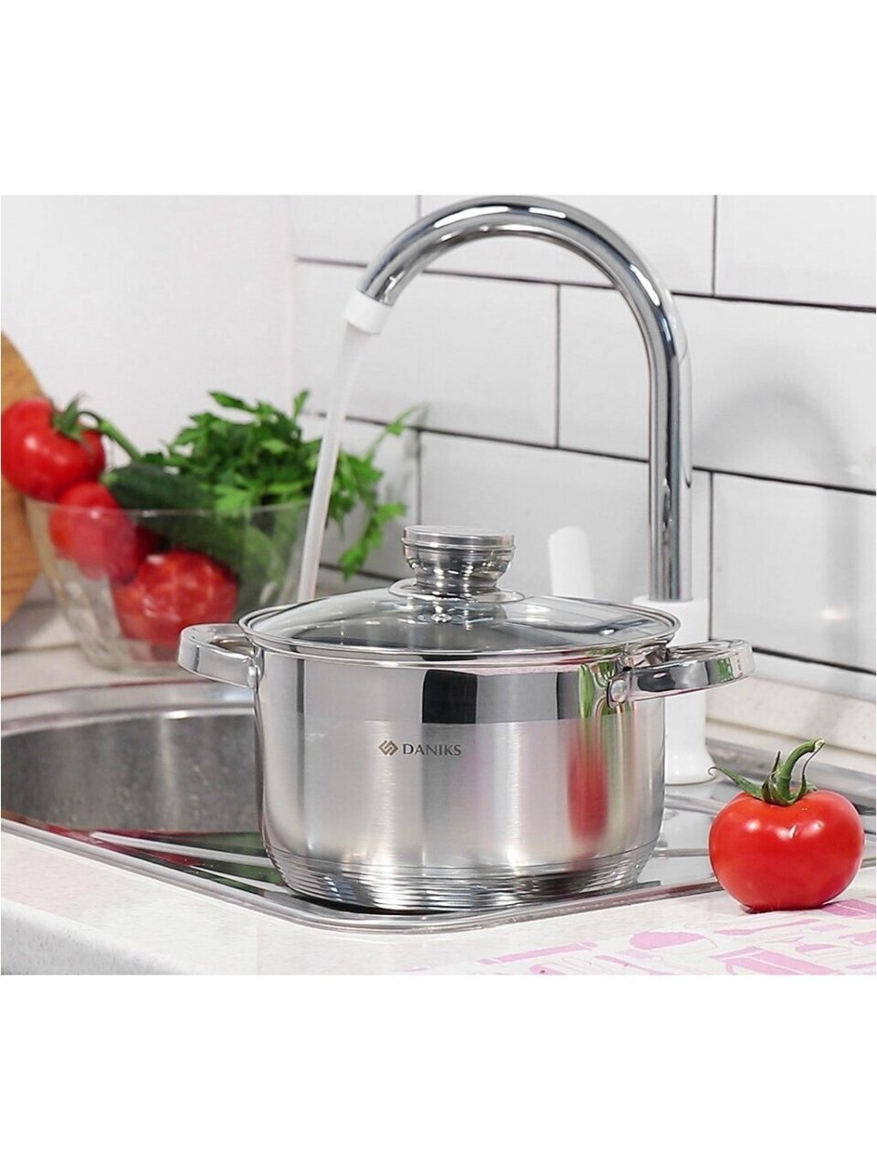 Кастрюля нержавеющая сталь, 3.9 л, крышка стекло, Daniks, Стандарт-PR, SD-20-2, индукция