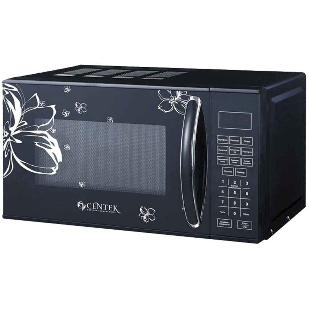 Микроволновая печь Centek, CT-1579 Цветы, 20 л, 700 Вт, электронная, сенсор,10 автоматических программ, Led дисплей, черная