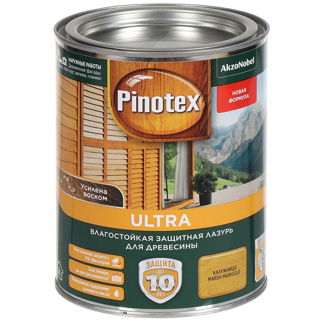 Пропитка Pinotex, Ultra, для дерева, защитно-влагостойкая, калужница, 1 л