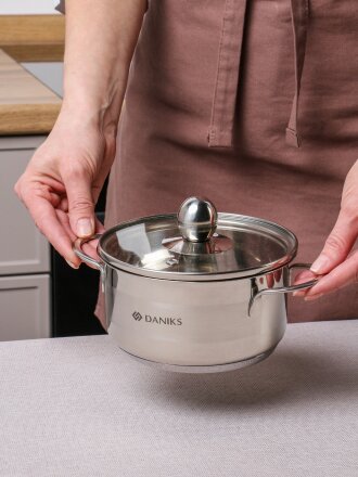 Кастрюля нержавеющая сталь, 1 л, крышка стекло, Daniks, GS-01311-14CA/SD-514, индукция