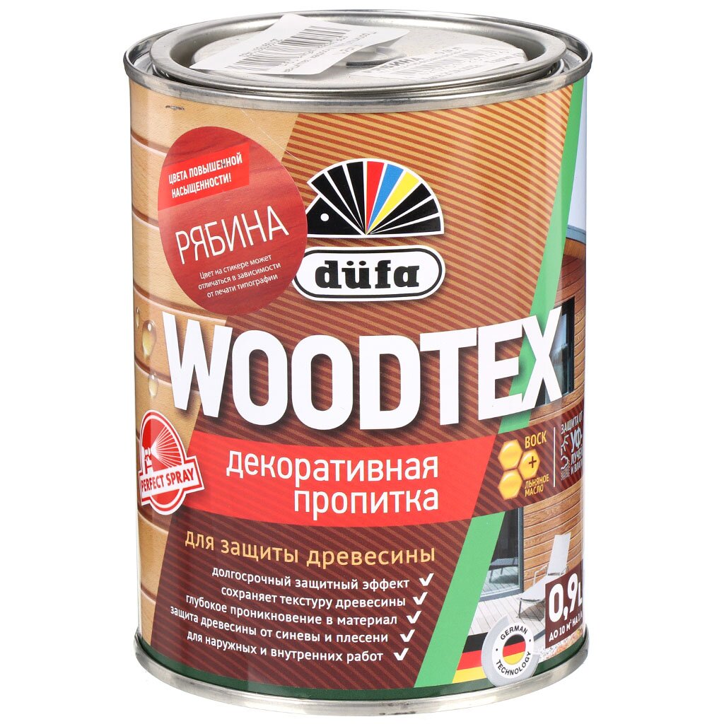 Пропитка Dufa, Woodtex, для дерева, защитная, рябина, 0.9 л пропитка dufa woodtex для дерева защитная дуб 0 9 л