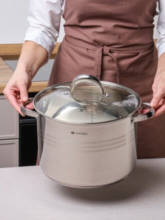 Кастрюля нержавеющая сталь, 10 л, крышка стекло, Daniks, Общепит, SD-6BP-10, индукция