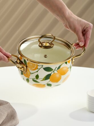 Кастрюля эмалированная сталь, 2 л, крышка стекло, Daniks, Лимоны, индукция