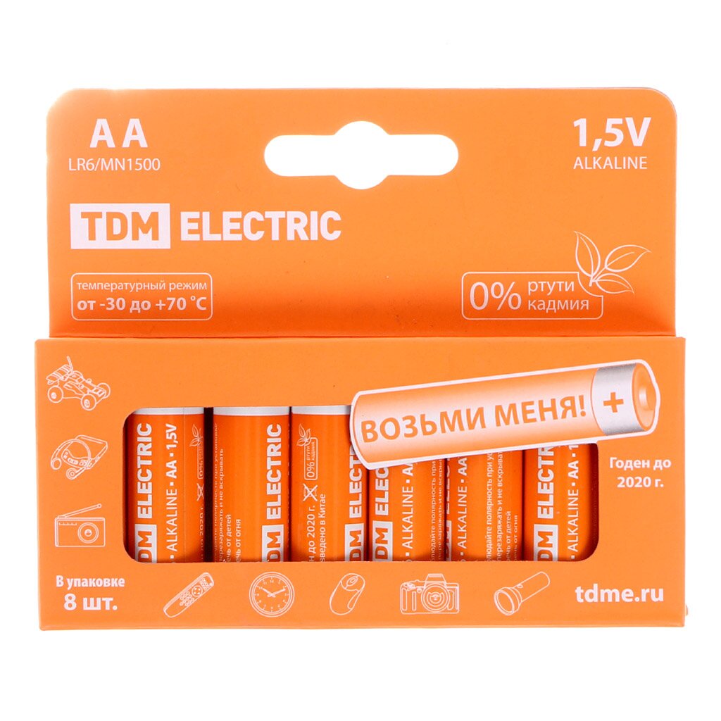 Батарейка TDM Electric, АА (LR6, 15A), Alkaline, щелочная, 1.5 В, коробка, 8 шт, SQ1702-0009