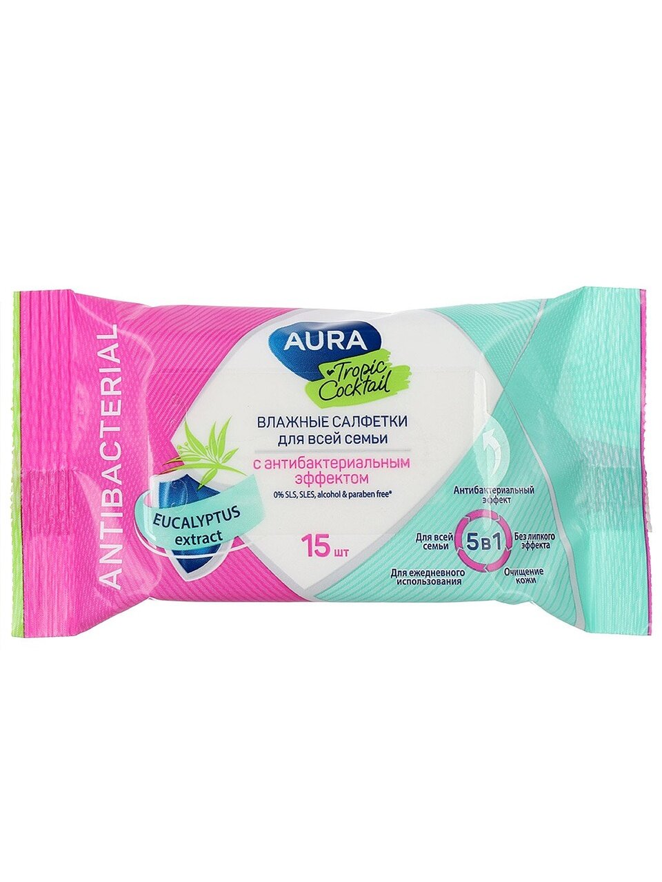 Салфетки влажные Aura, Тропический коктейль, антибактериальные, 15 шт