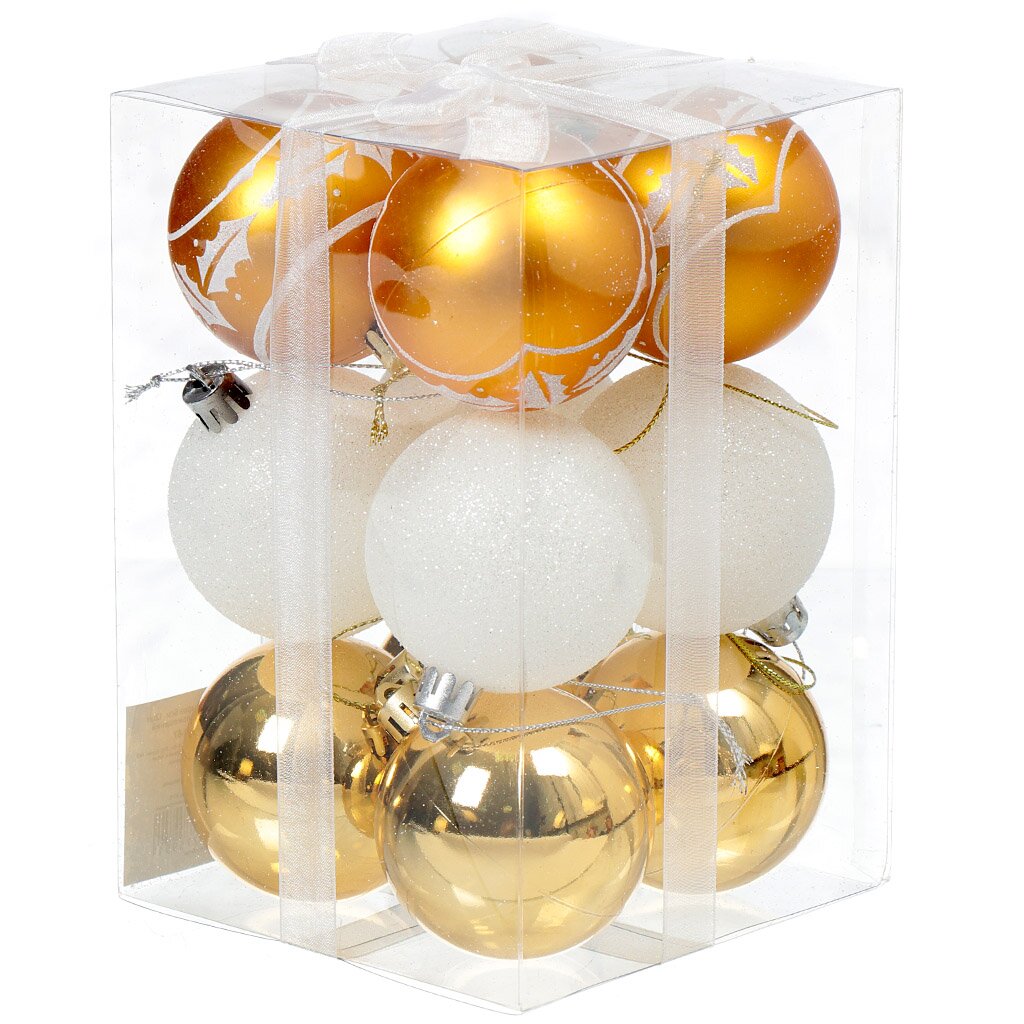 Елочный шар 12 шт, белый, золотой, 6 см, пластик, SY18CBB-67