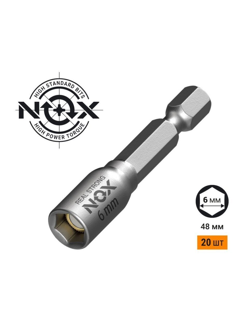 Ключ-насадка для кровельных саморезов, Nox, 6х48 мм, магнитный адаптер