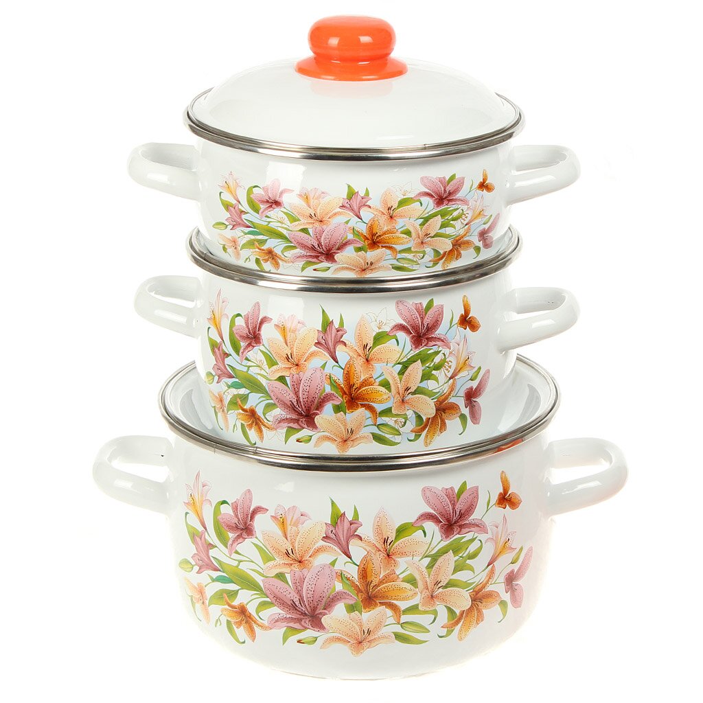 Набор посуды эмалированная сталь, 6 предметов, сферические кастрюли 1.5,2,4 л, индукция, СтальЭмаль, Лилии, 1КА071М