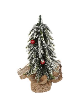 Елка новогодняя настольная, 30 см, хвоя литая, заснеженная в мешковине, с декором, Y4-8400