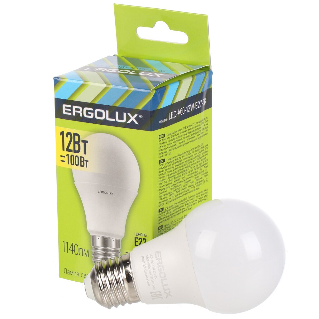 Лампа светодиодная E27, 12 Вт, 100 Вт, 220 В, груша, 3000 К, свет теплый белый, Ergolux белый свет