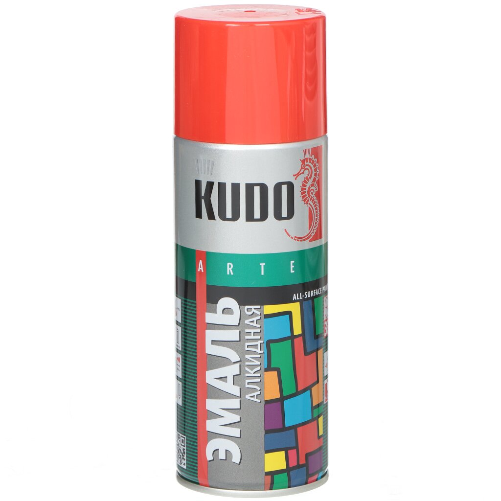 Эмаль аэрозольная, KUDO, универсальная, алкидная, глянцевая, красная, 520 мл, KU-1003 эмаль аэрозольная kudo ku 1206 универсальная флуоресцентная акриловая оранжево красная 520 мл