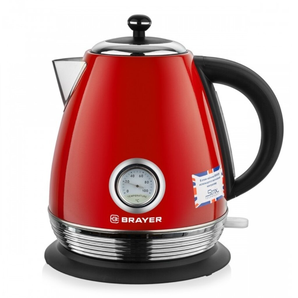 Чайник электрический BRAYER, 1007BR-RD, Strix, красный, 1.7 л, 2200 Вт, скрытый нагревательный элемент, нержавеющая сталь чайник электрический kitfort kt 6115 3 1 5 л красный