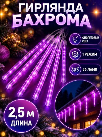 Гирлянда 36 ламп, 2.5 м, 1 режим, Сосульки, фиолетовый, прозрачная, на улице/в помещении, сетевая, LED, SYCLA-18050