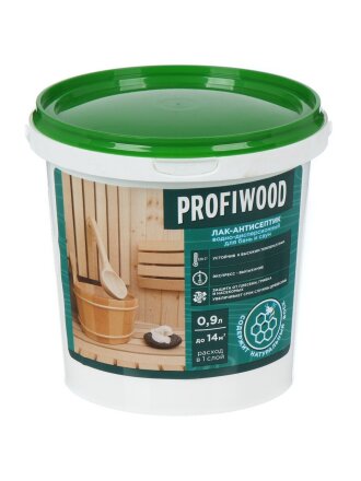 Лак-антисептик Profiwood, для бань и саун, водно-дисперсионный, полуглянцевый, полиакриловый, для внутренних работ, 0.9 кг