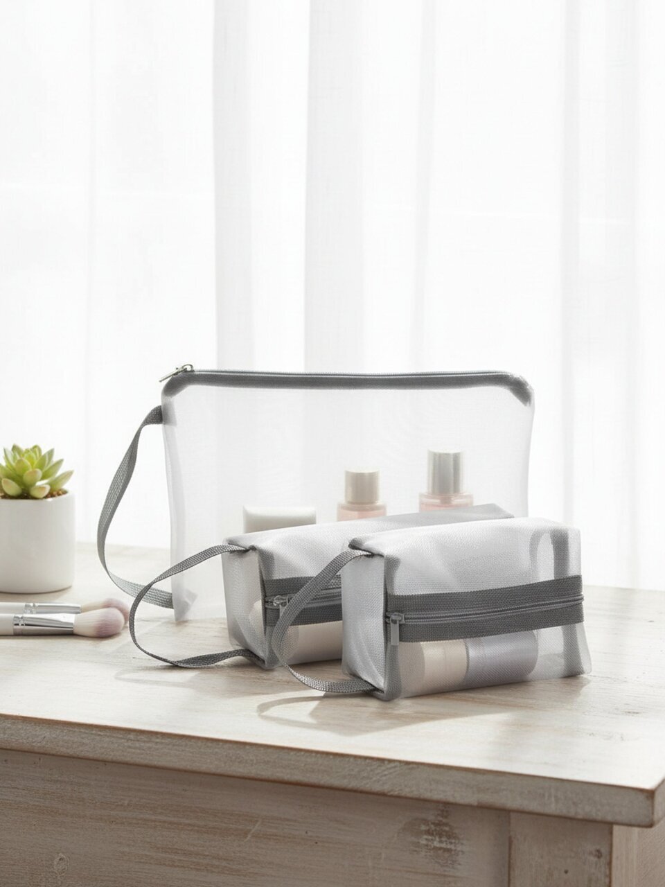 Набор косметичек 3 шт, 15х5х9 см, 21х5х6 см, 22х6х15 см, сетка, A080106, застежка молния, серый