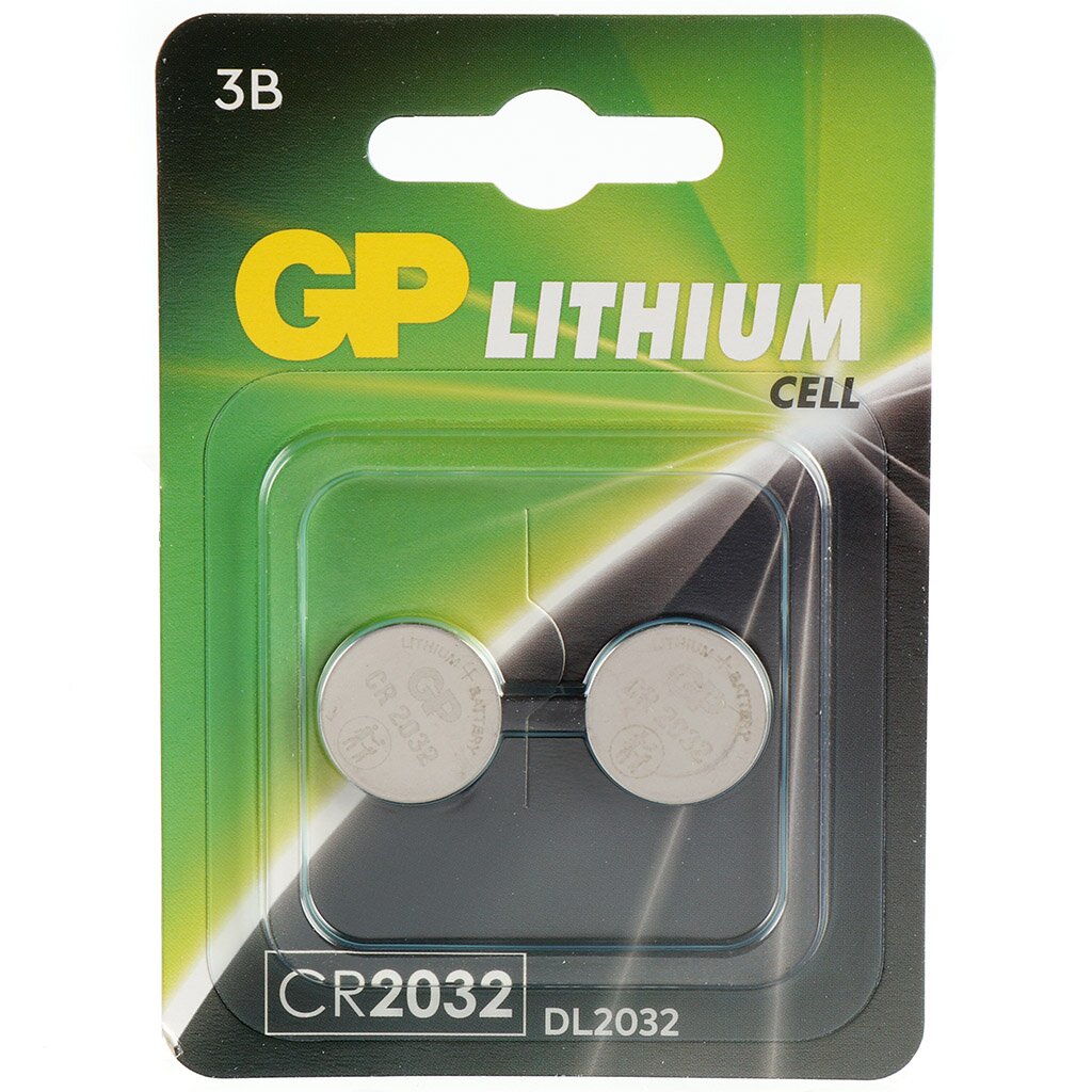 Батарейка GP, CR2032, Lithium, литиевая, блистер, 2 шт, 17041 батарейка panasonic 9v 6lr61 6f22 zinc carbon солевая 9 в блистер