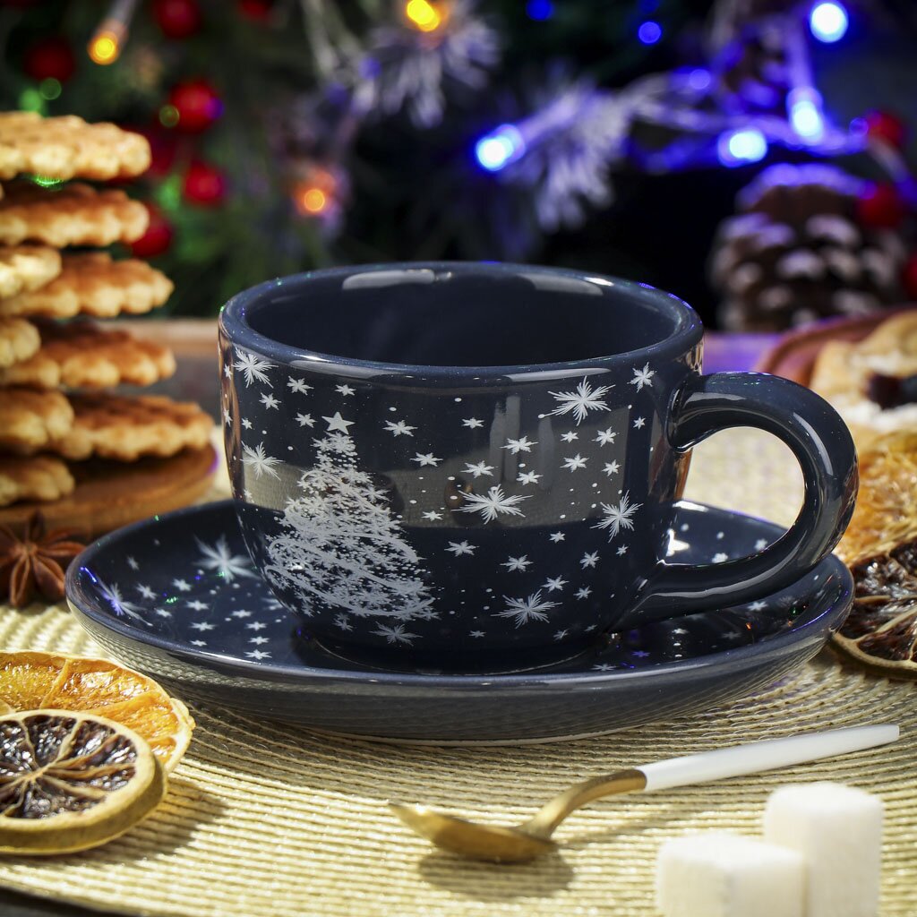 Набор чайный доломит, 2 предмета, на 1 персону, 280 мл, Daniks, Сказочный праздник, подарочная упаковка набор кухонный 2 шт 40х60 18х18см полотенце прихватка новогодний праздник на кухне белые мишки ai 1504025