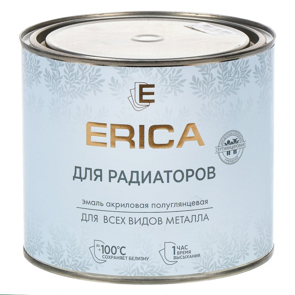 Эмаль Erica, для радиаторов, термостойкая, акриловая, полуглянцевая, белая, 1.8 кг эмаль акриловая для радиаторов отопления ореол термостойкая глянцевая 0 8 кг