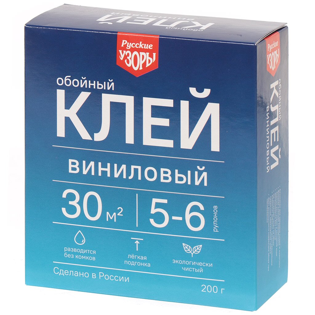 Клей для виниловых обоев, Русские узоры, 200 г, 5-6 рулонов, картонная коробка, 00092 клей для виниловых обоев vinylex 250 г коробка 10322r
