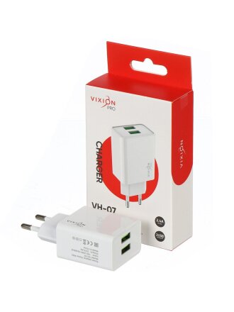Зарядное устройство Vixion, VH-07, 2 разъема, 2.4 А, белое, GS-00028953