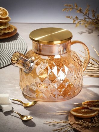 Чайник заварочный стекло, 1 л, с ситечком, Y6-10052, золотой